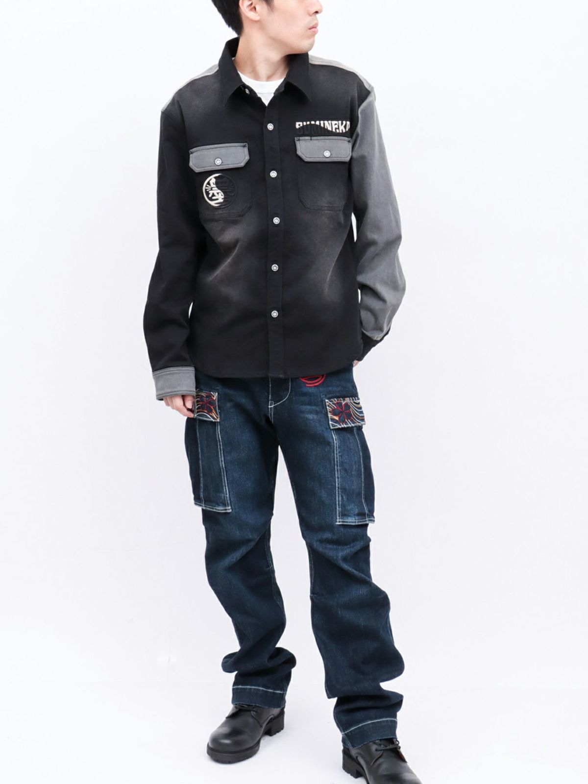 【SUMINEKO】“YIN YANG CAT”総刺繍 切替ストレッチデニムシャツ