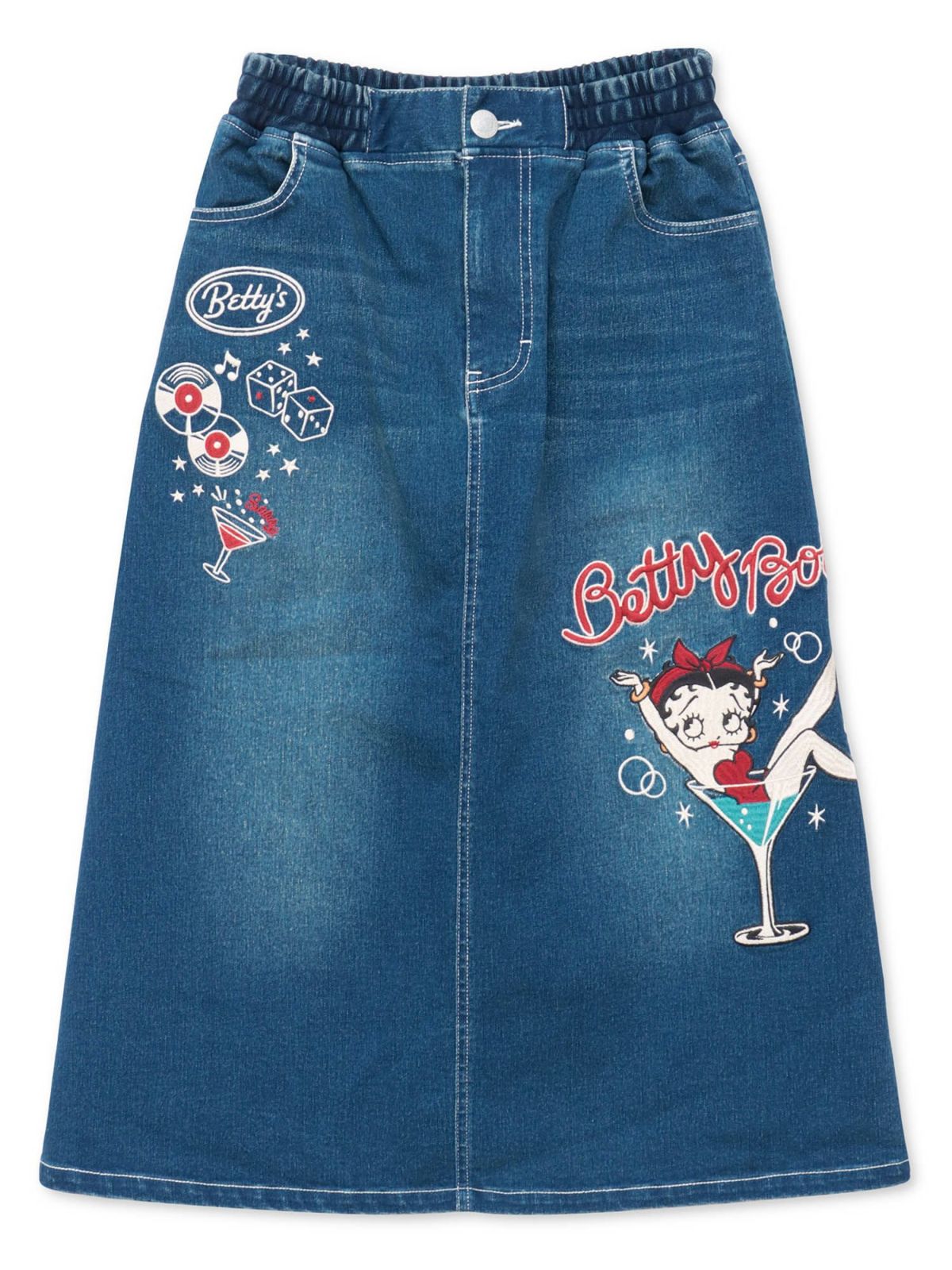 【BETTY BOOP】“カクテルベティ”総刺繍ストレッチデニム ロングスカート