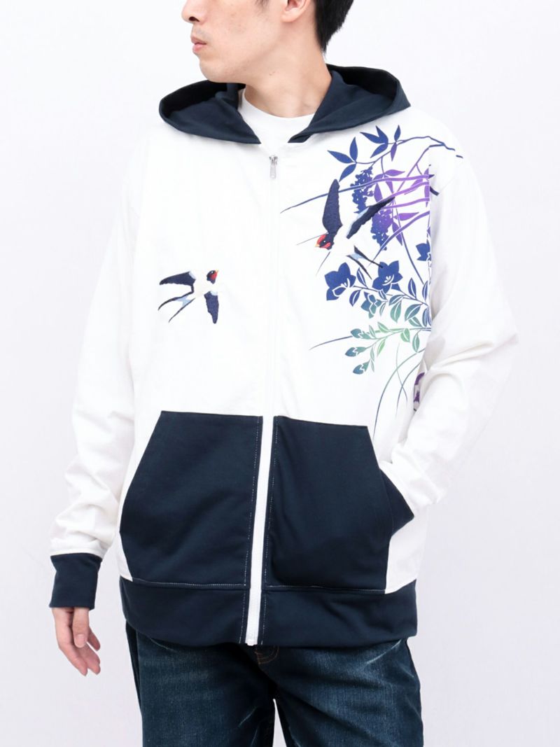 【雅結×錦】“ツバメと秋の草花”刺繍入りZIPパーカー〔別注〕