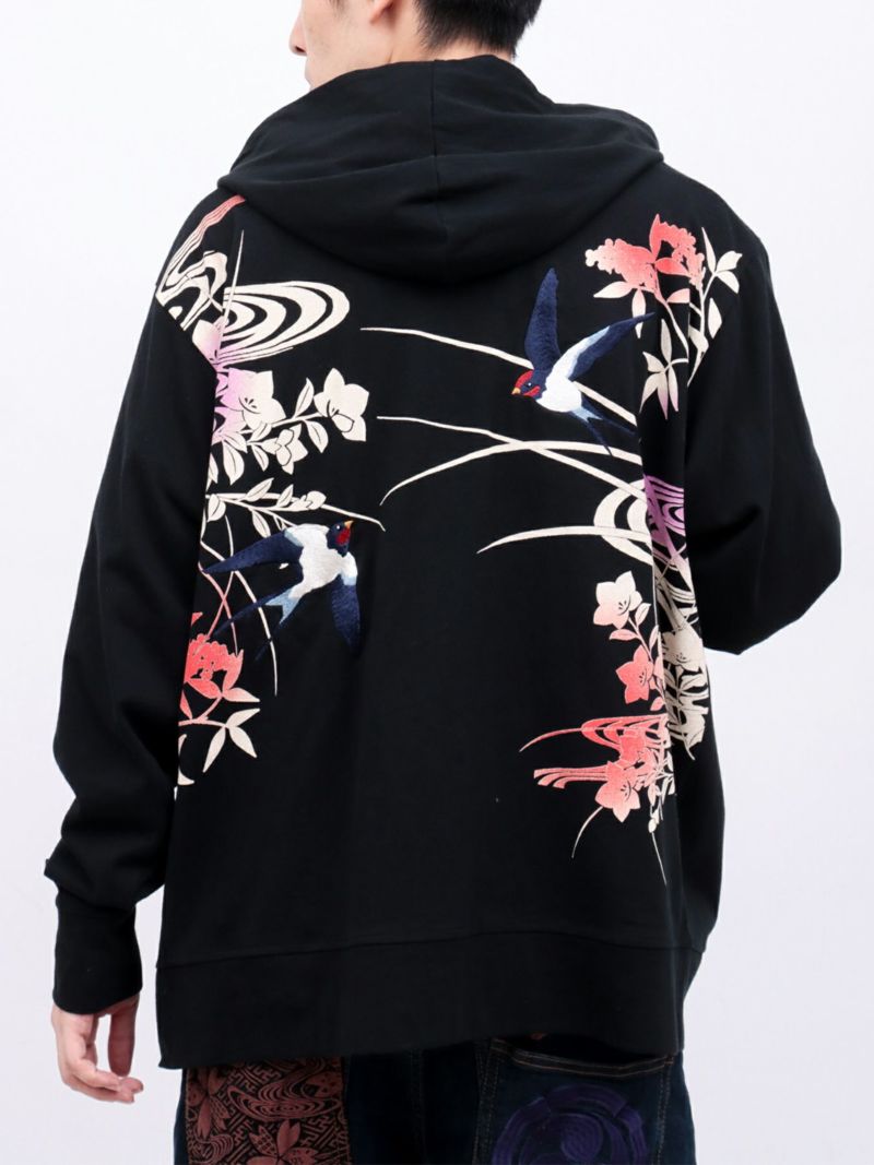 【雅結×錦】“ツバメと秋の草花”刺繍入りZIPパーカー〔別注〕