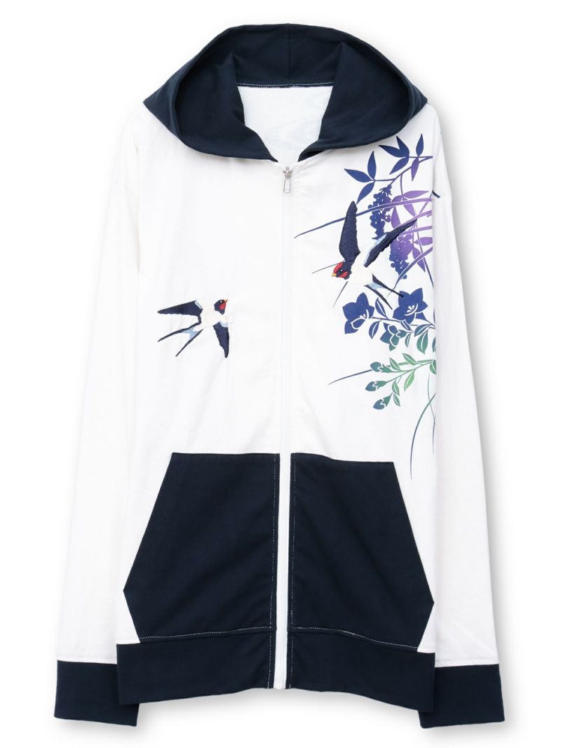 【雅結×錦】“ツバメと秋の草花”刺繍入りZIPパーカー〔別注〕