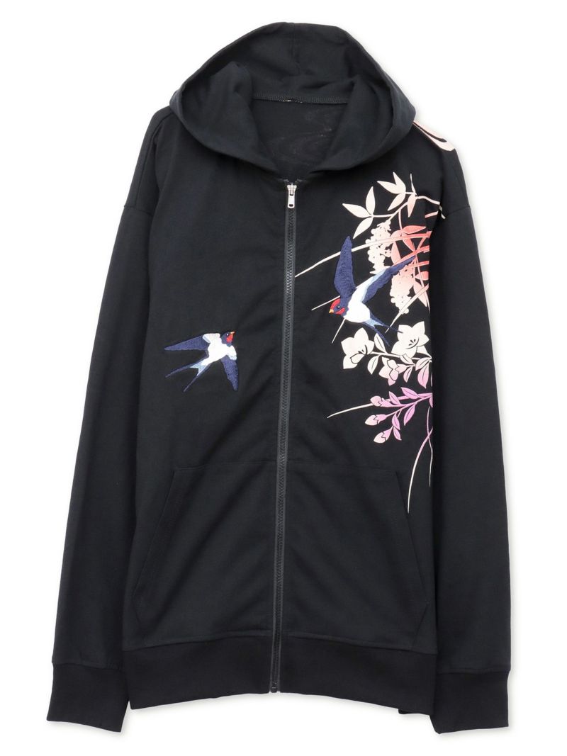 【雅結×錦】“ツバメと秋の草花”刺繍入りZIPパーカー〔別注〕
