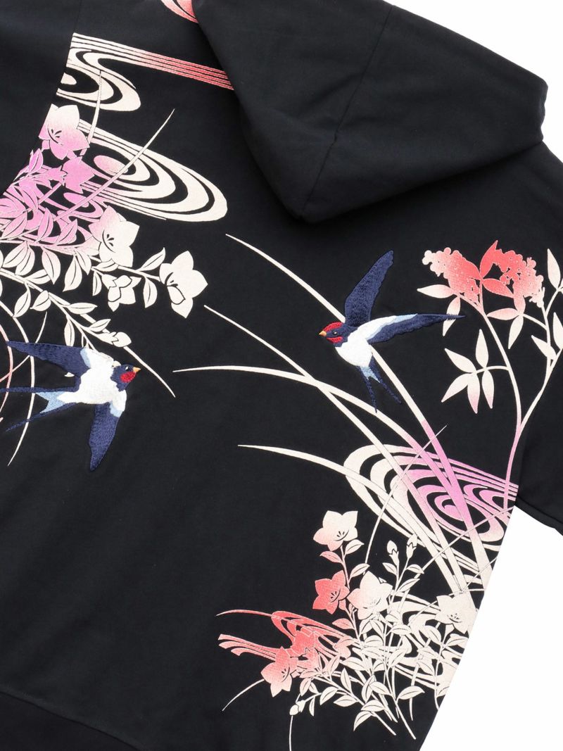 【雅結×錦】“ツバメと秋の草花”刺繍入りZIPパーカー〔別注〕