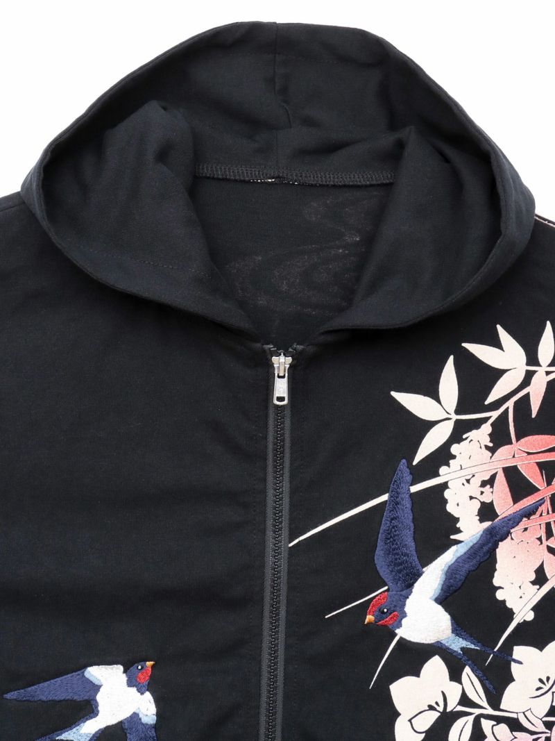 【雅結×錦】“ツバメと秋の草花”刺繍入りZIPパーカー〔別注〕