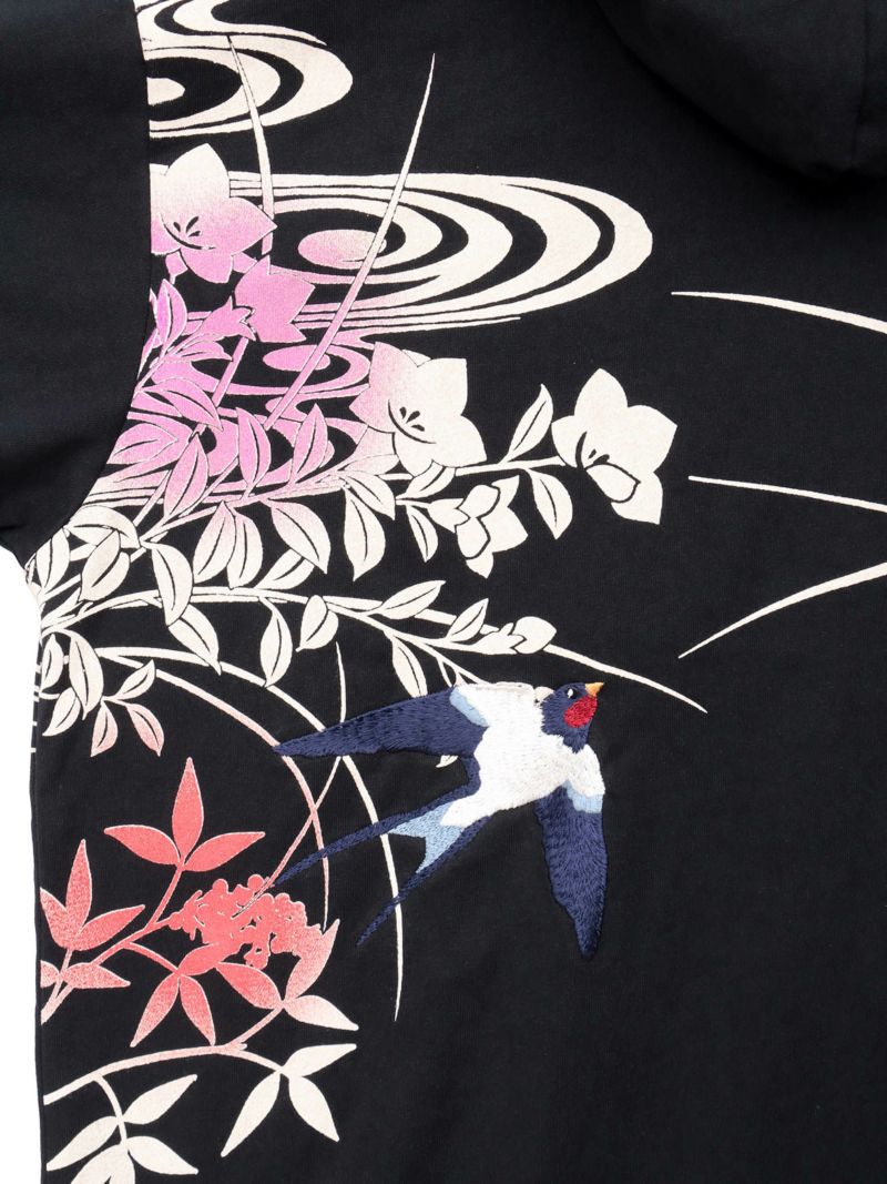 【雅結×錦】“ツバメと秋の草花”刺繍入りZIPパーカー〔別注〕
