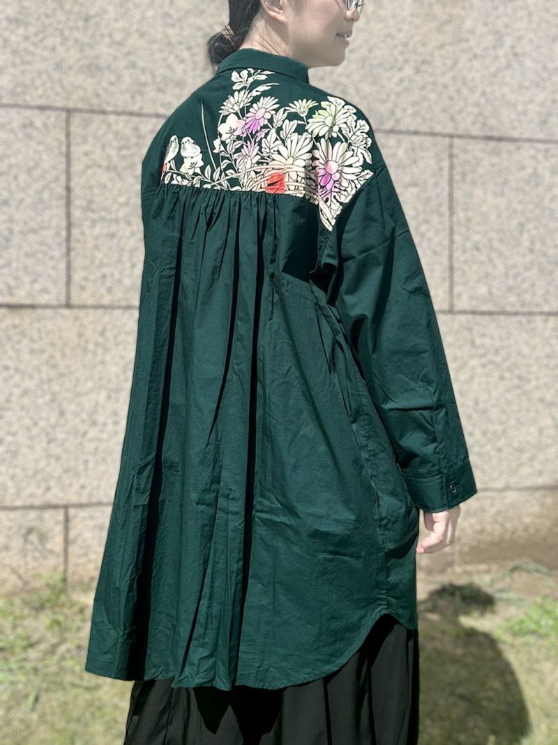 【雅結×錦】“シマエナガと秋の草花”刺繍入りロングシャツ〔別注〕