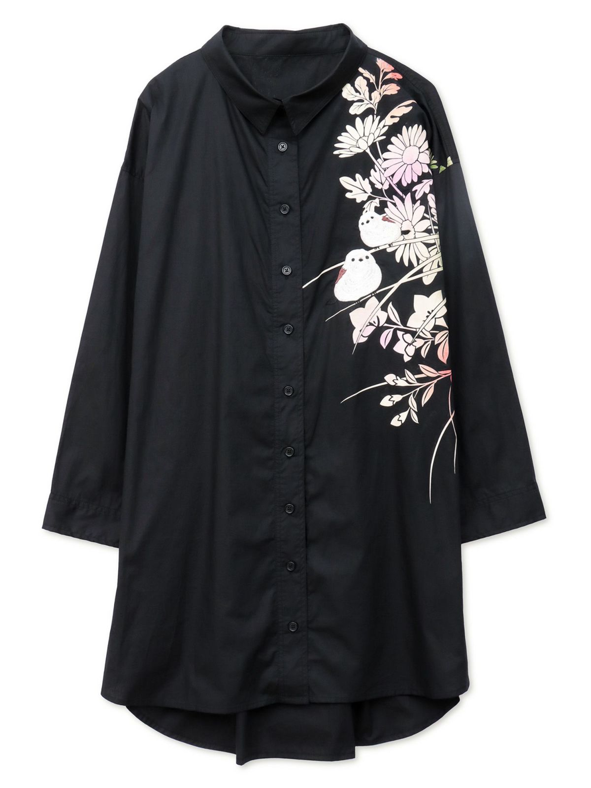 【雅結×錦】“シマエナガと秋の草花”刺繍入りロングシャツ〔別注〕