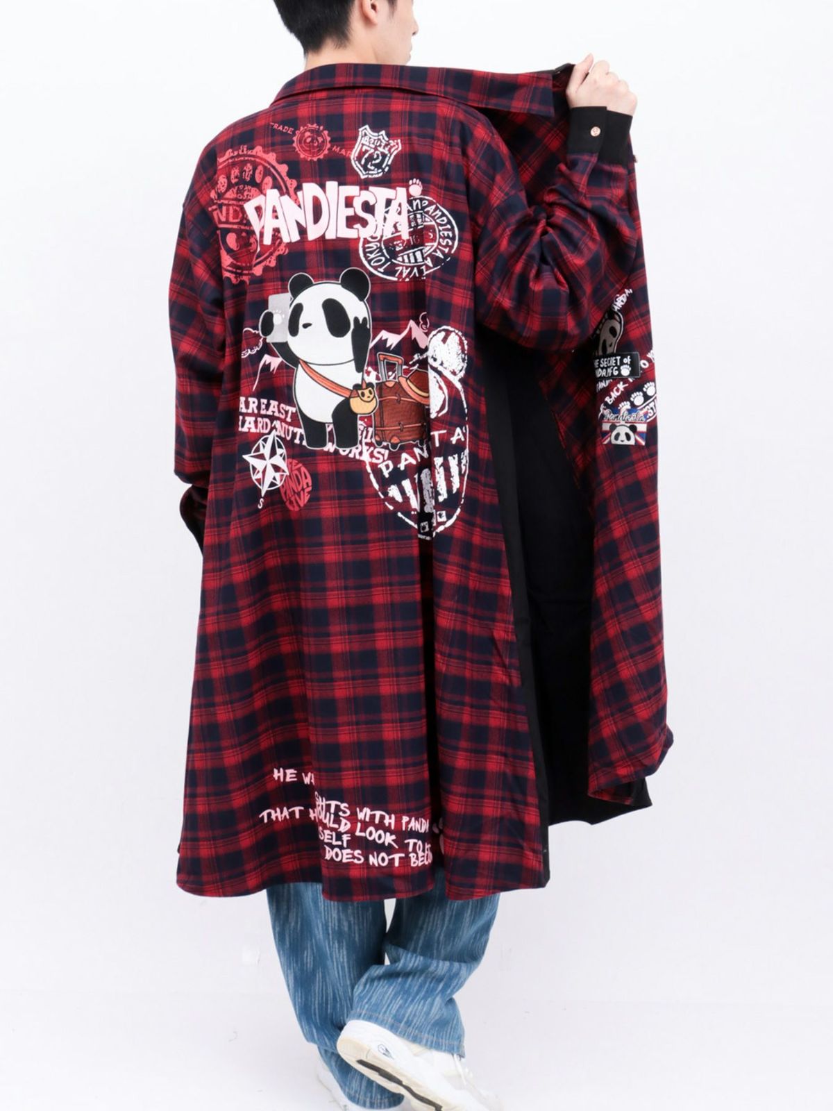 【PANDIESTA JAPAN】“自撮りパンダ”チェック切替ロングシャツコート〔別注〕