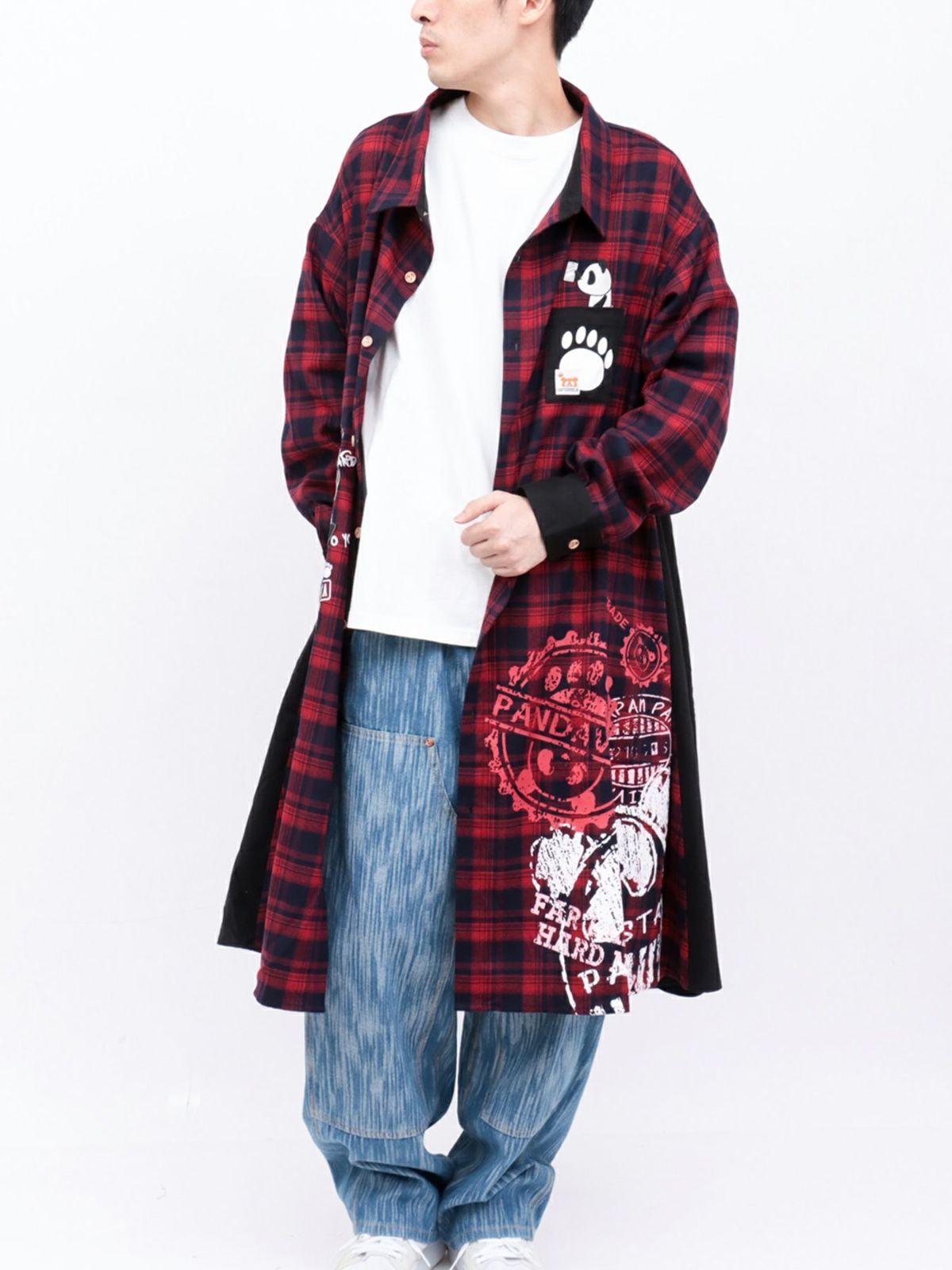 【PANDIESTA JAPAN】“自撮りパンダ”チェック切替ロングシャツコート〔別注〕
