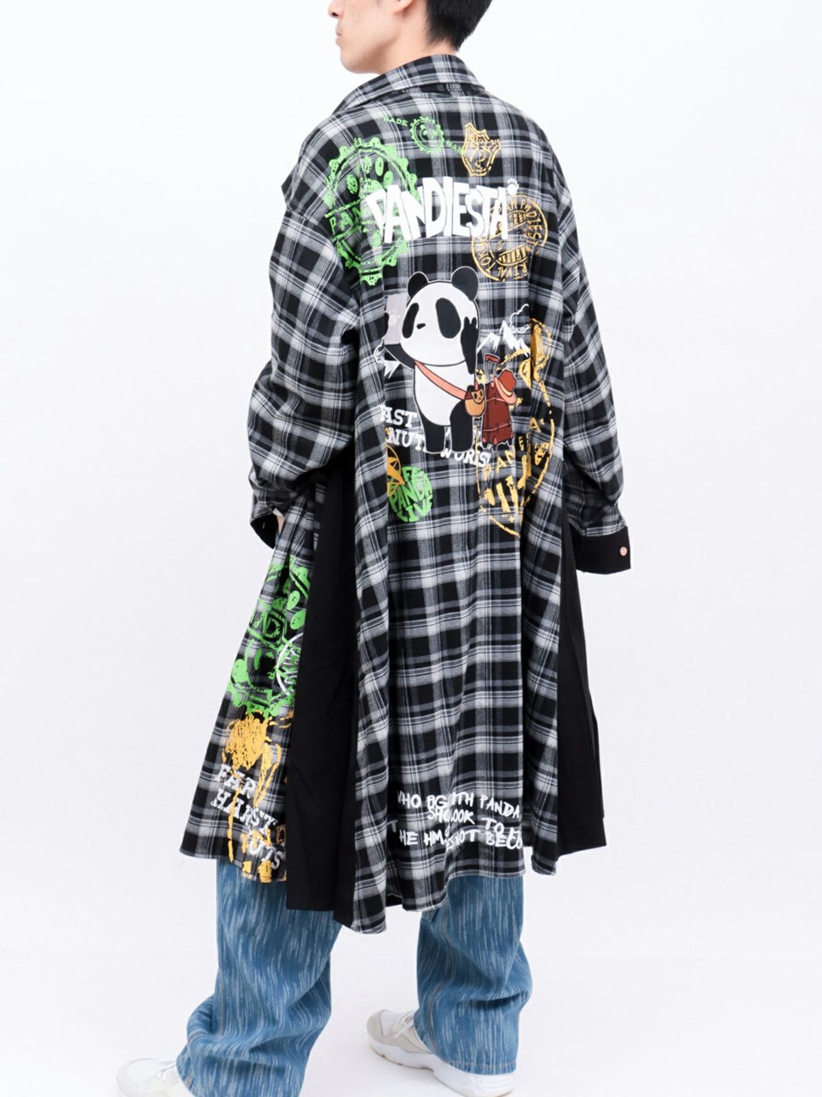 【PANDIESTA JAPAN】“自撮りパンダ”チェック切替ロングシャツコート〔別注〕