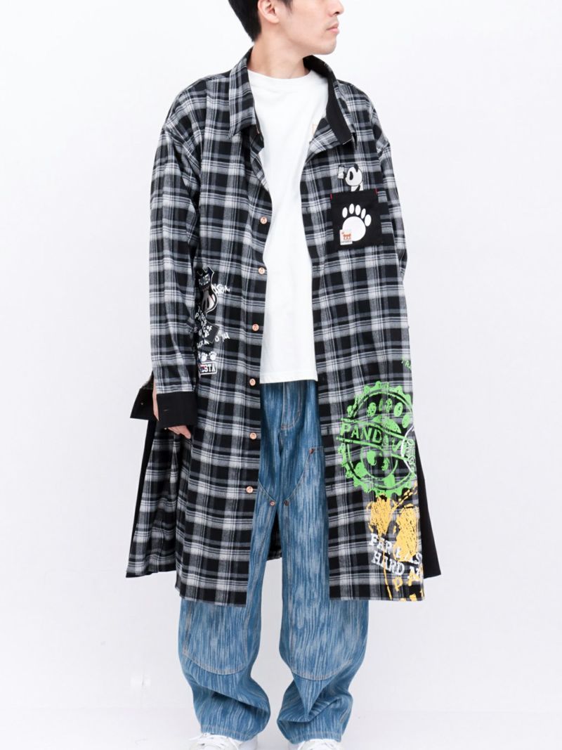 【PANDIESTA JAPAN】“自撮りパンダ”チェック切替ロングシャツコート〔別注〕