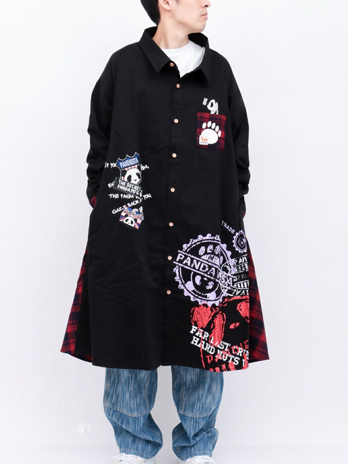【PANDIESTA JAPAN】“自撮りパンダ”チェック切替ロングシャツコート〔別注〕