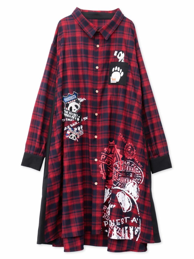 【PANDIESTA JAPAN】“自撮りパンダ”チェック切替ロングシャツコート〔別注〕