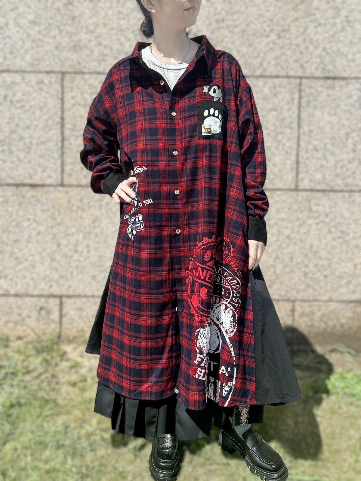 【PANDIESTA JAPAN】“自撮りパンダ”チェック切替ロングシャツコート〔別注〕
