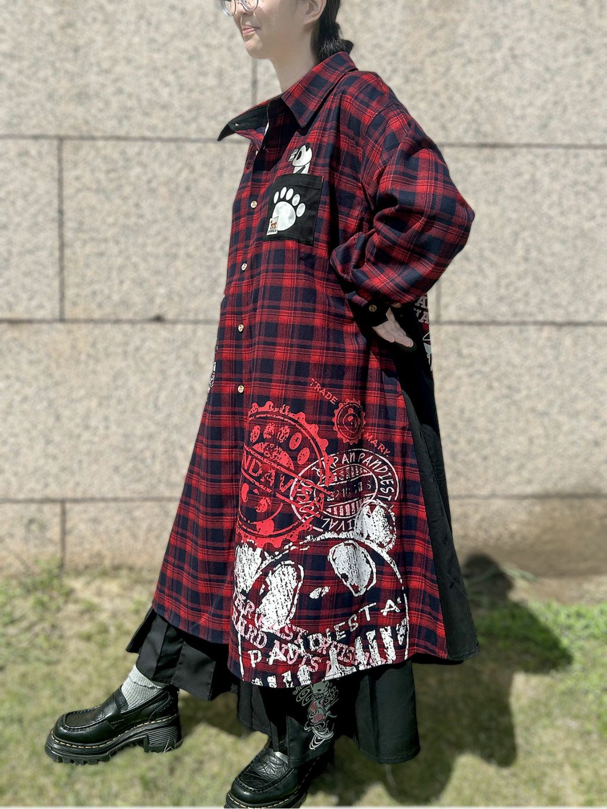 【PANDIESTA JAPAN】“自撮りパンダ”チェック切替ロングシャツコート〔別注〕