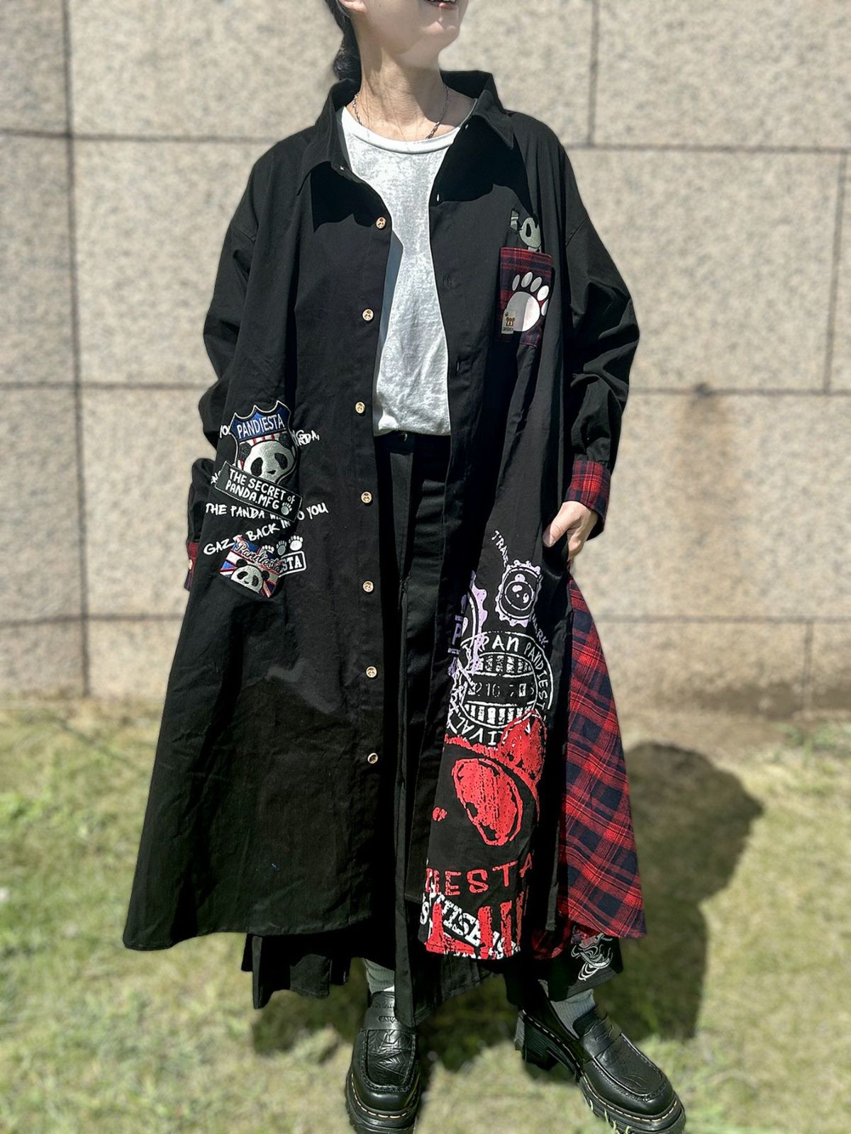 【PANDIESTA JAPAN】“自撮りパンダ”チェック切替ロングシャツコート〔別注〕
