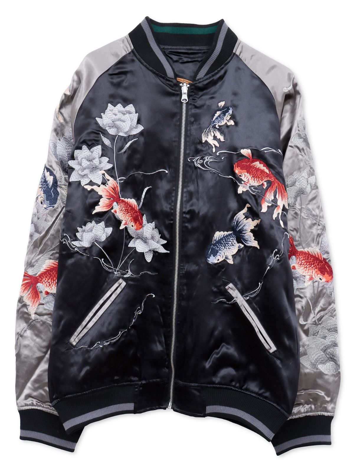 【絡繰魂・粋】“金魚と蓮流水”総刺繍リバーシブルスカジャン