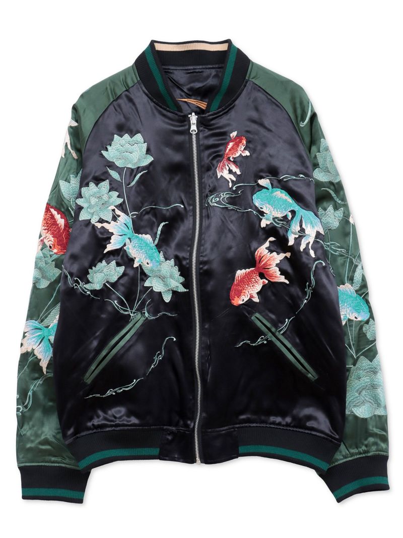 【絡繰魂・粋】“金魚と蓮流水”総刺繍リバーシブルスカジャン