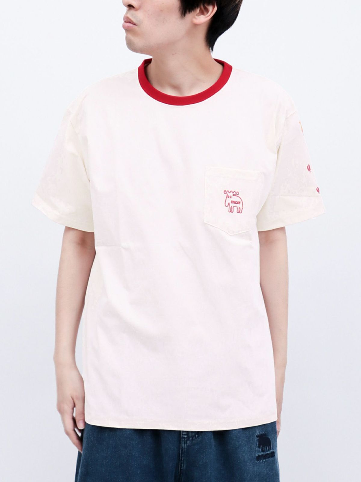 【moz】エルクワンポイント刺繍 ポケット付きリンガーTシャツ〔別注〕