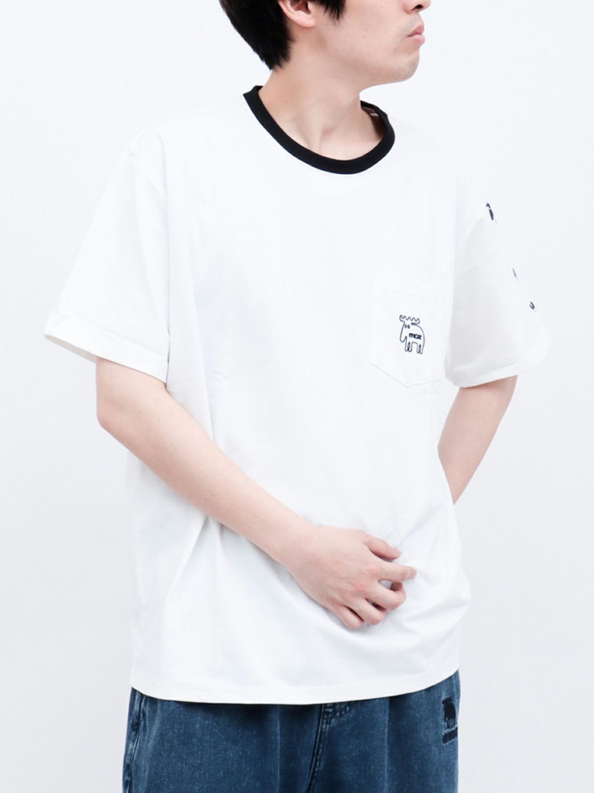 【moz】エルクワンポイント刺繍 ポケット付きリンガーTシャツ〔別注〕