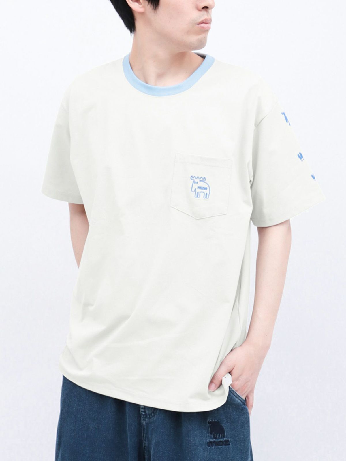 【moz】エルクワンポイント刺繍 ポケット付きリンガーTシャツ〔別注〕