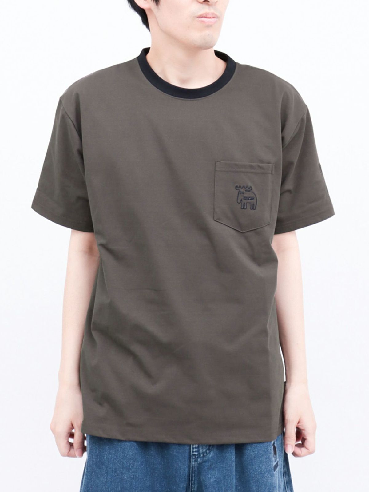 【moz】エルクワンポイント刺繍 ポケット付きリンガーTシャツ〔別注〕