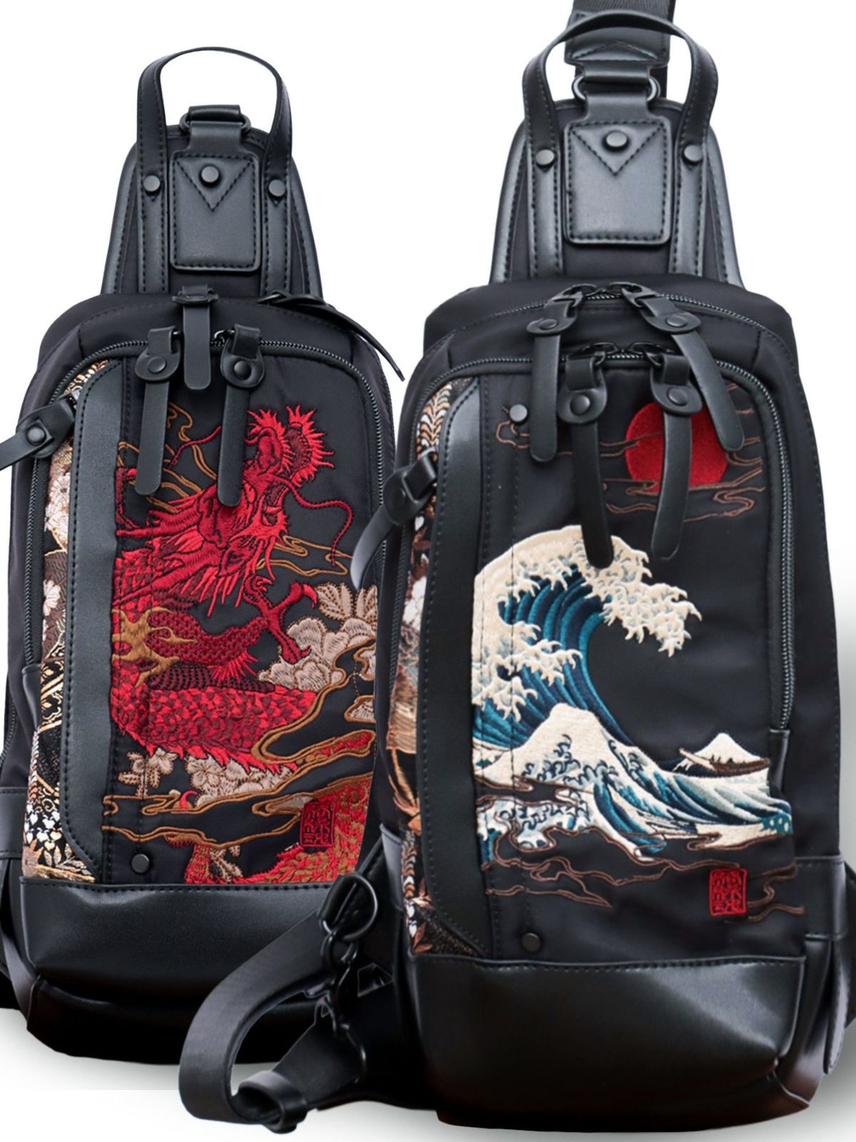 【絡繰魂】“龍神/荒波”総刺繍 金襴切り替えボディバッグ