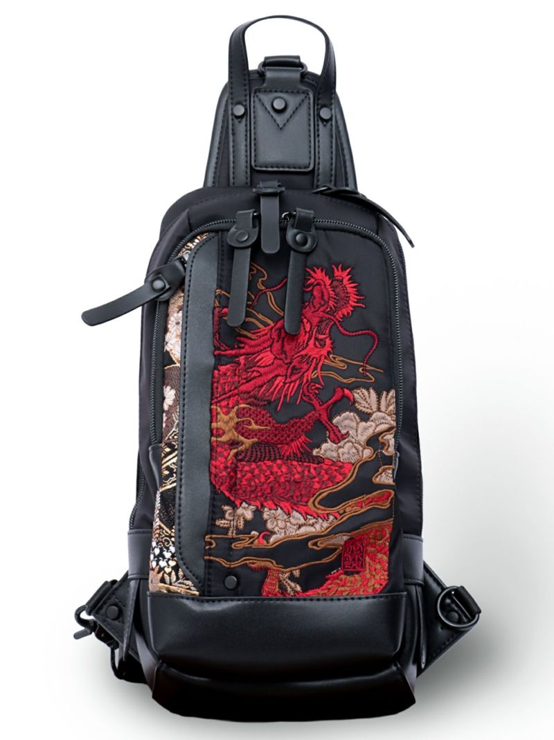 【絡繰魂】“龍神/荒波”総刺繍 金襴切り替えボディバッグ