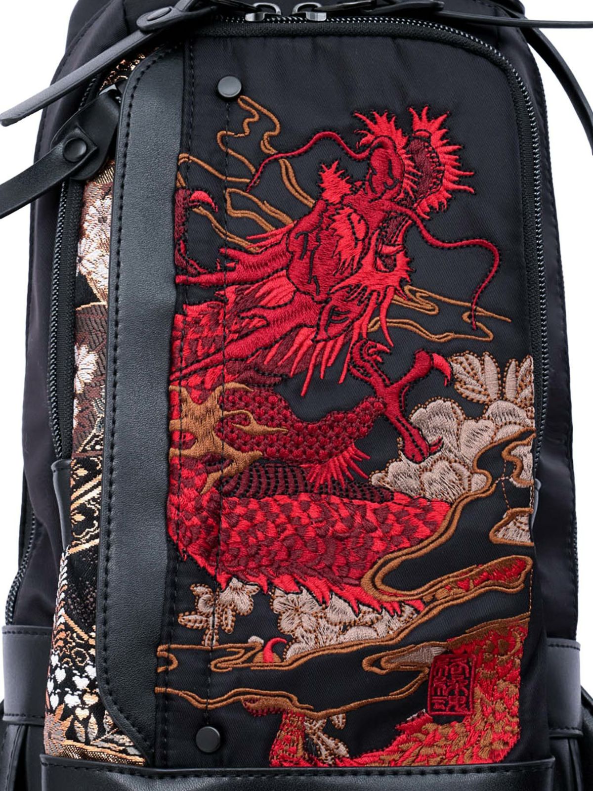 【絡繰魂】“龍神/荒波”総刺繍 金襴切り替えボディバッグ