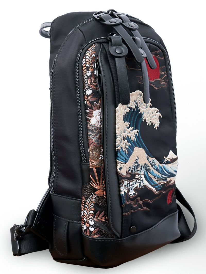 【絡繰魂】“龍神/荒波”総刺繍 金襴切り替えボディバッグ