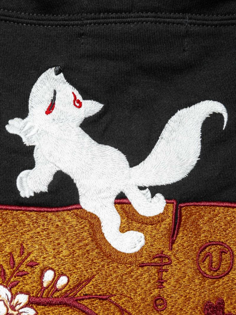 【今昔 -KON-JAKU-】“狐に化ける秘伝の書”総刺繍 半袖プルパーカー