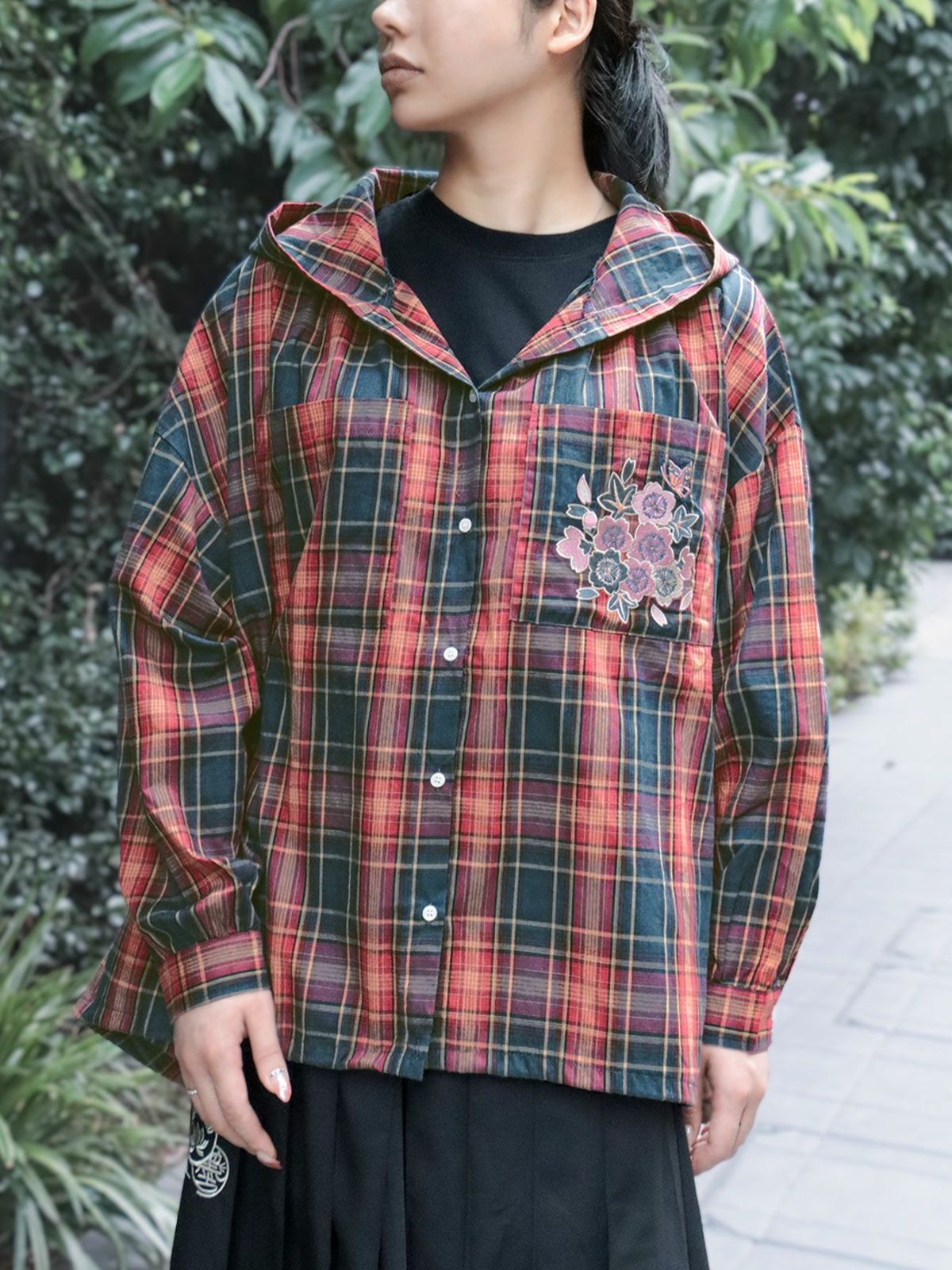 【雅結】桜刺繍 フード付きチェックシャツアウター