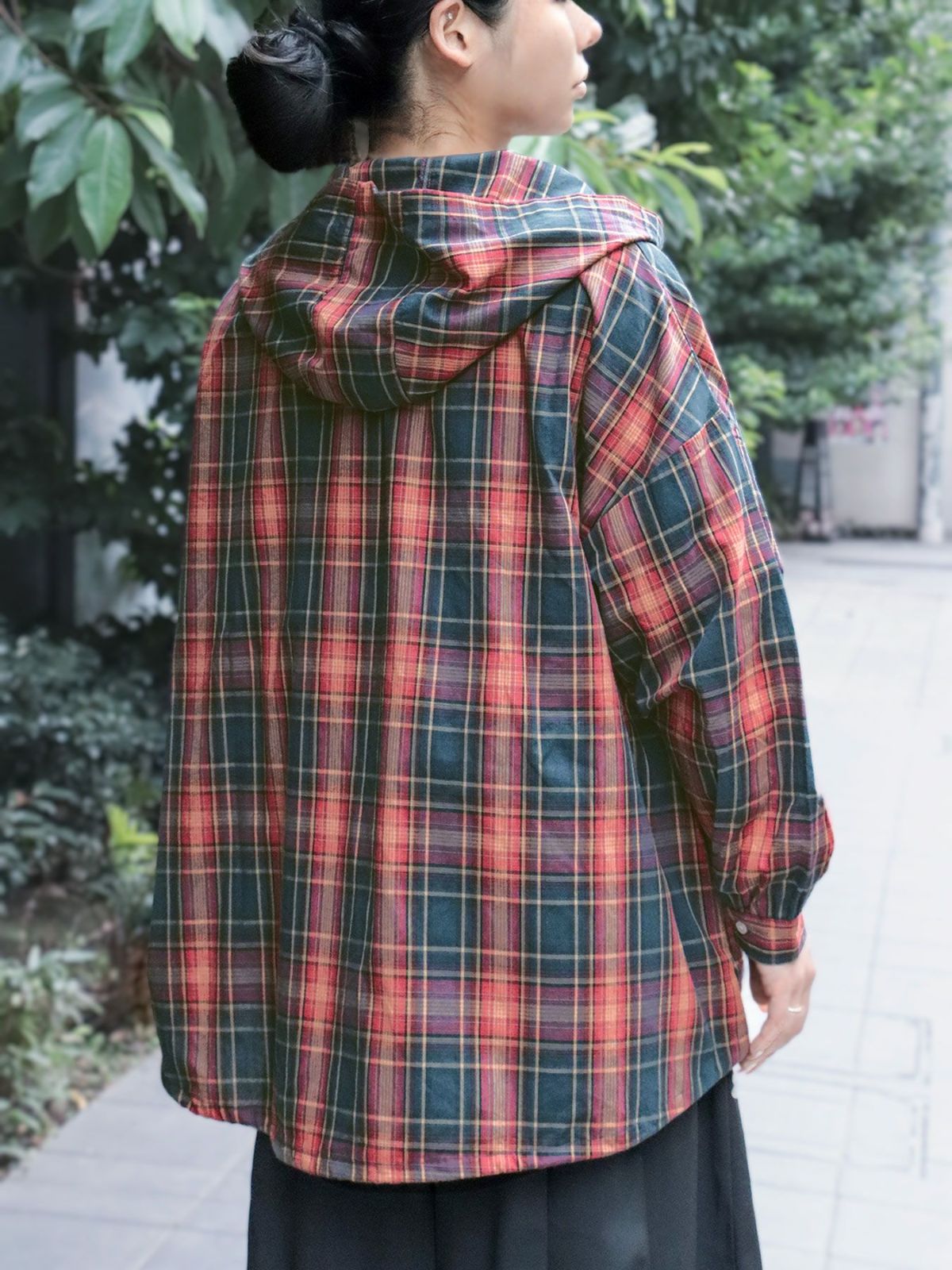 【雅結】桜刺繍 フード付きチェックシャツアウター