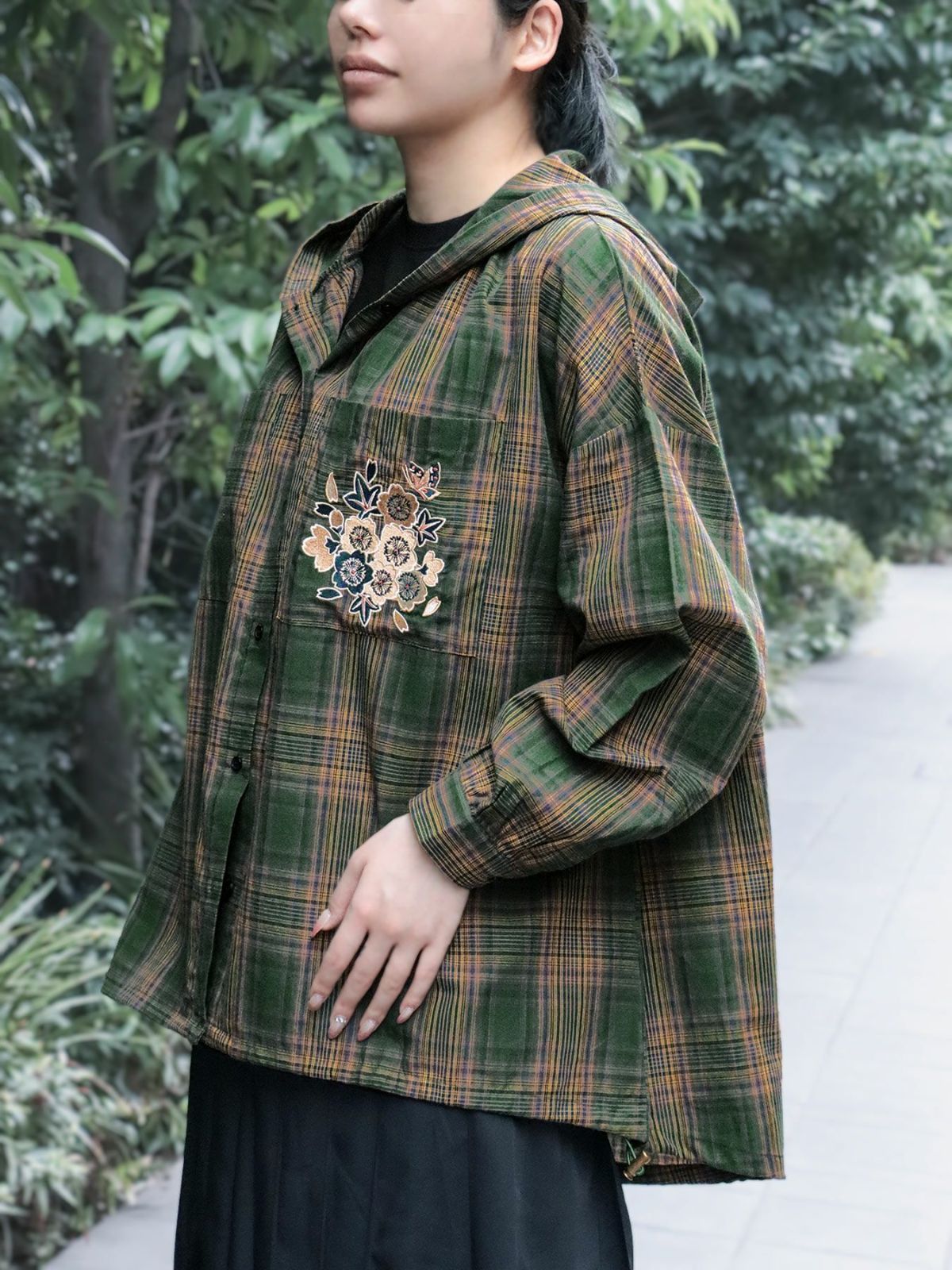 【雅結】桜刺繍 フード付きチェックシャツアウター