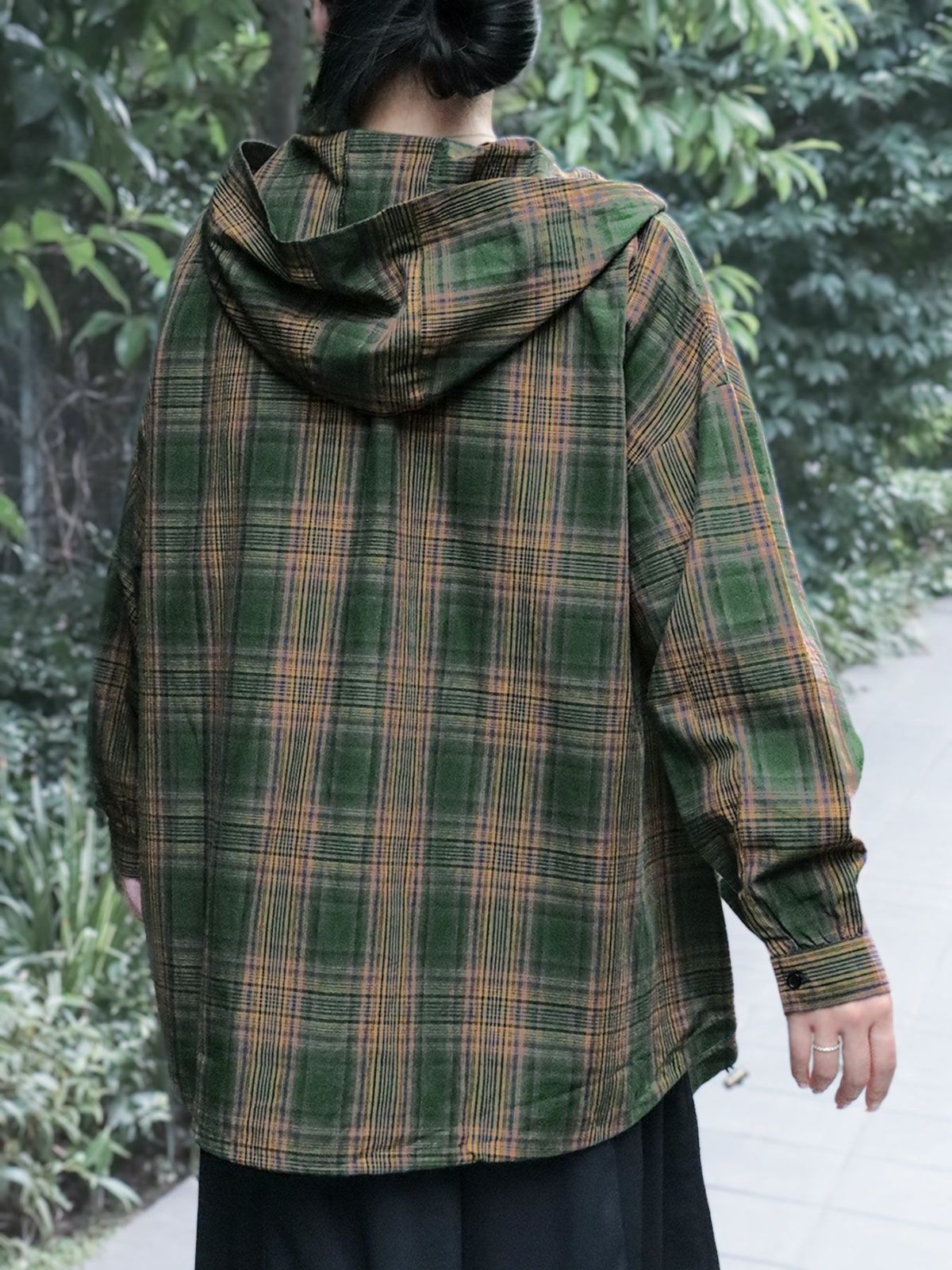 【雅結】桜刺繍 フード付きチェックシャツアウター