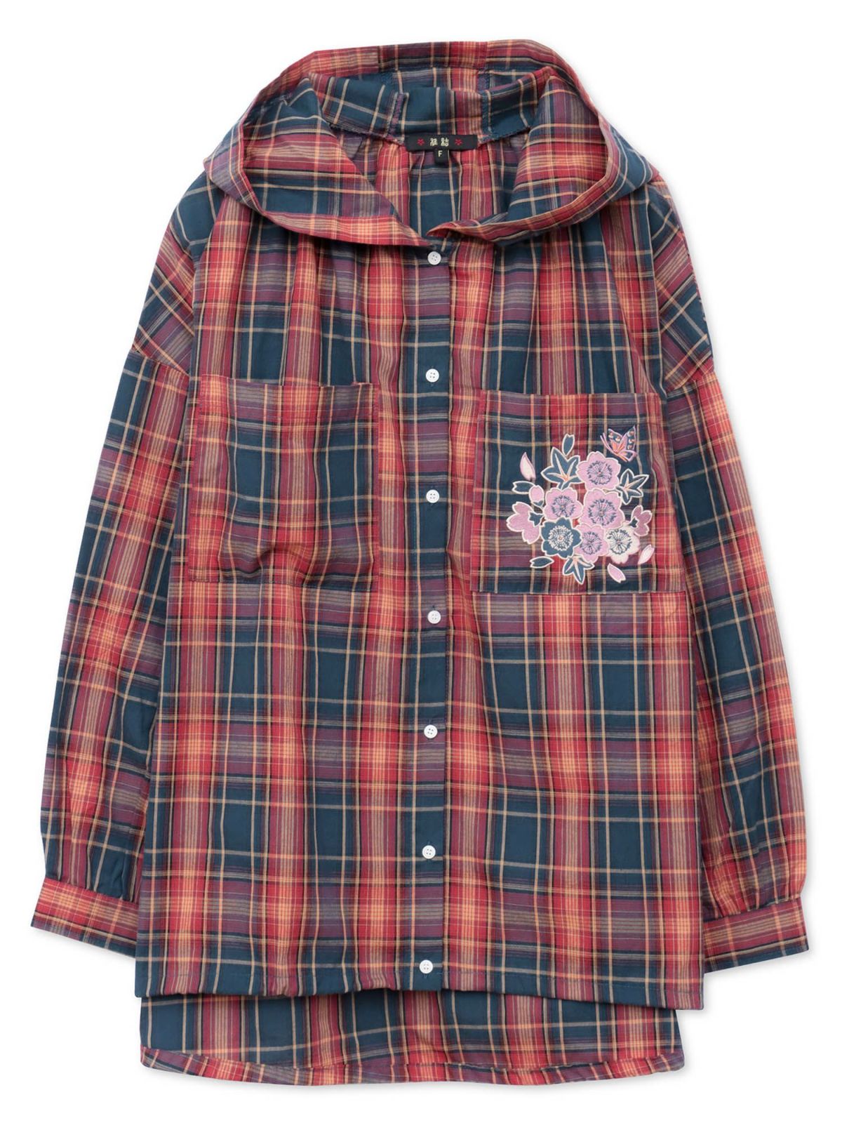 【雅結】桜刺繍 フード付きチェックシャツアウター