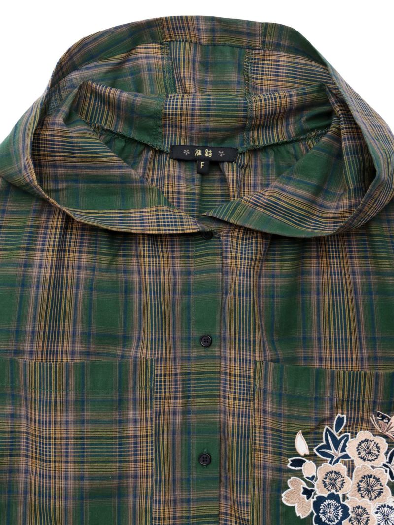 【雅結】桜刺繍 フード付きチェックシャツアウター