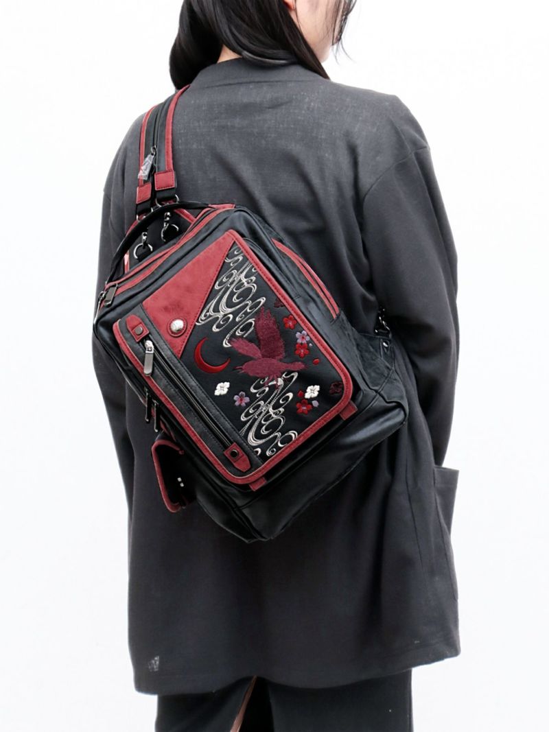 【雅結】八咫烏と桜刺繍 配色切替2WAYスクエアボディバッグ