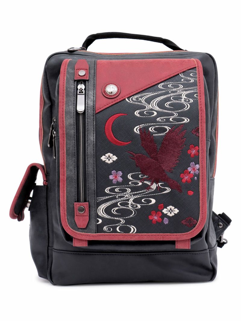 【雅結】八咫烏と桜刺繍 配色切替2WAYスクエアボディバッグ