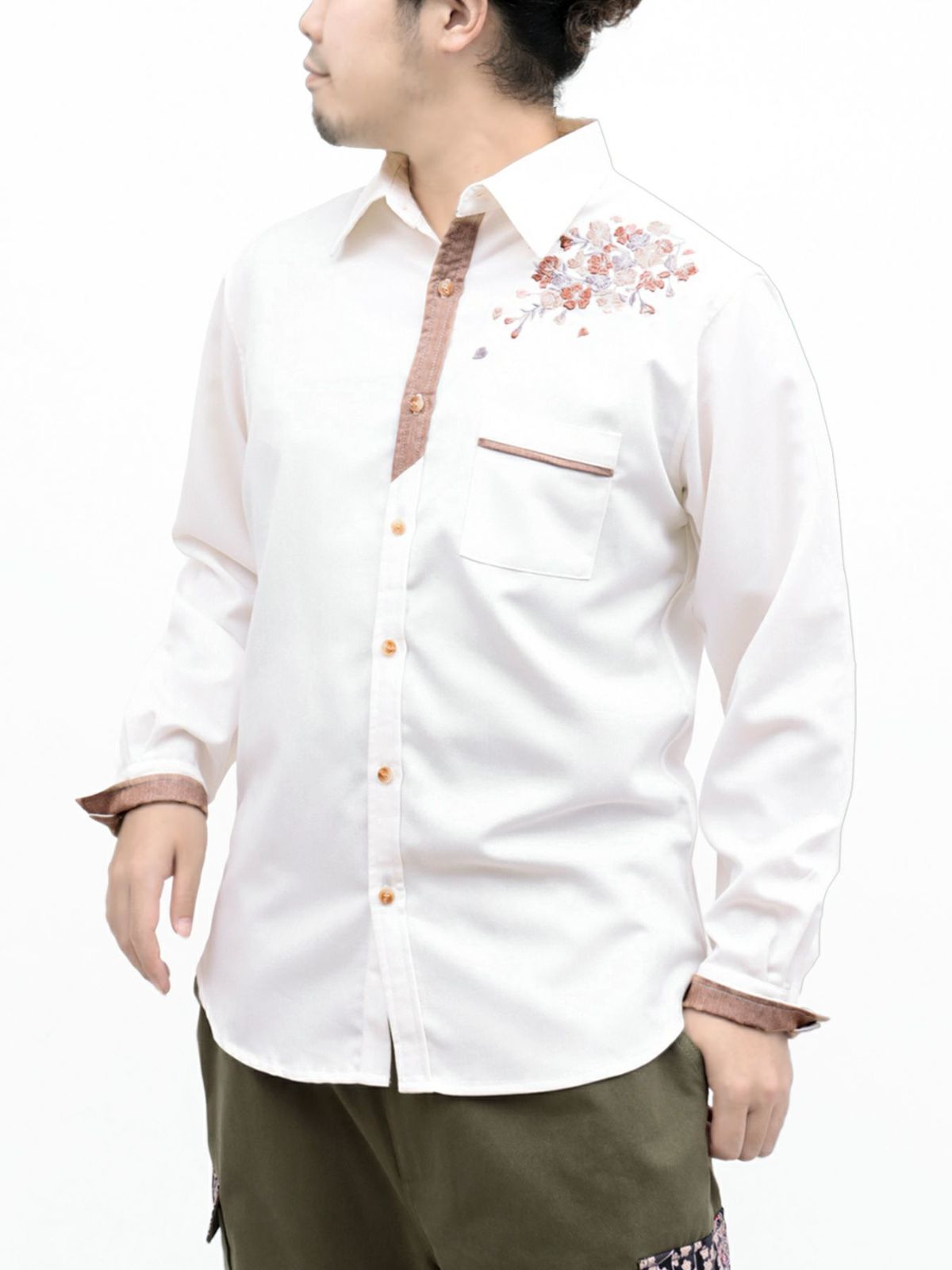 【雅結】桜刺繍 切り替えシャツ