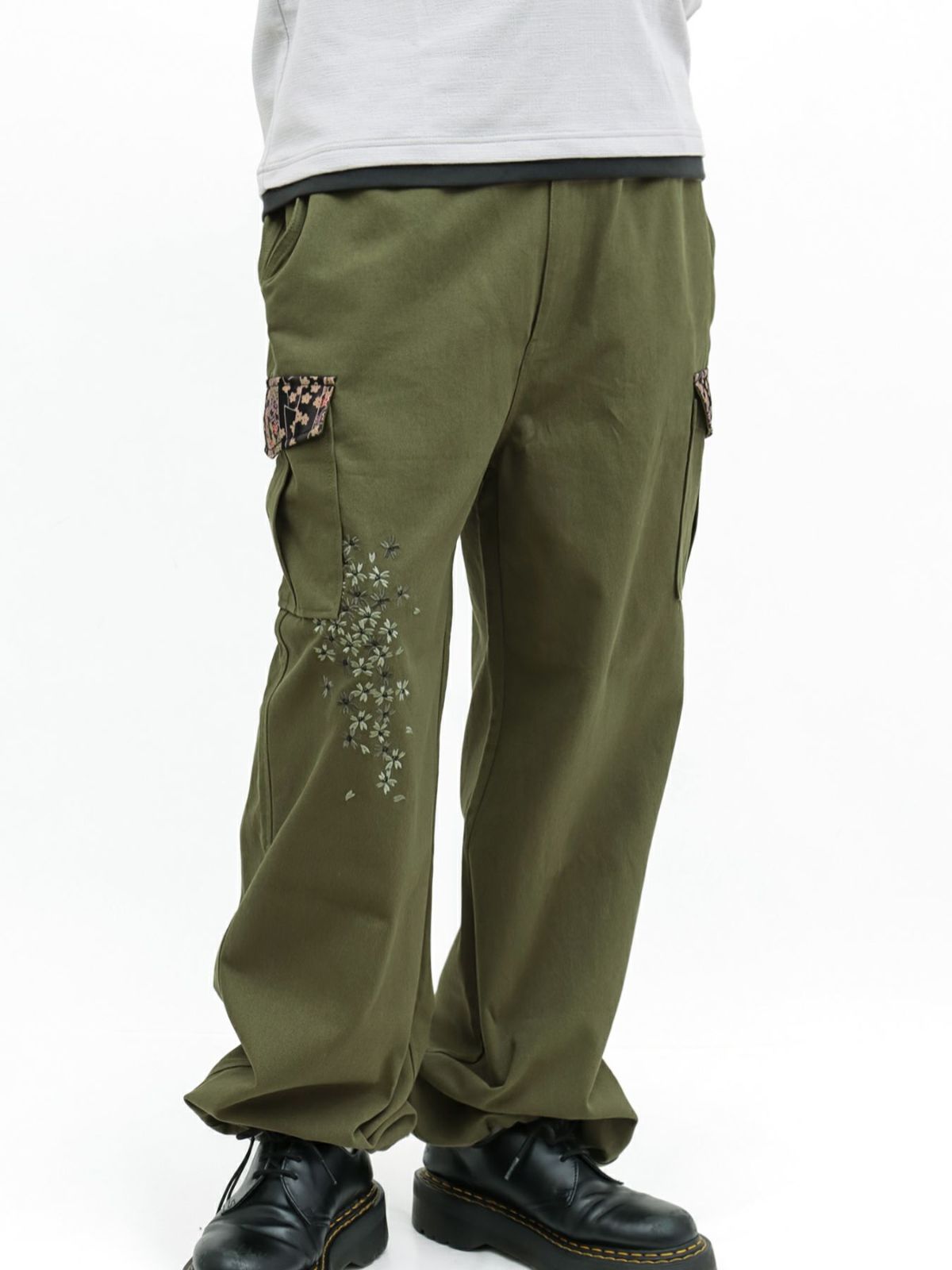 【雅結】桜刺繍ちりめん切替ダックカーゴパンツ