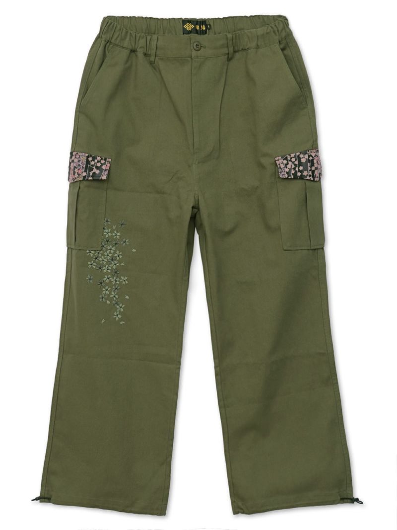【雅結】桜刺繍ちりめん切替ダックカーゴパンツ