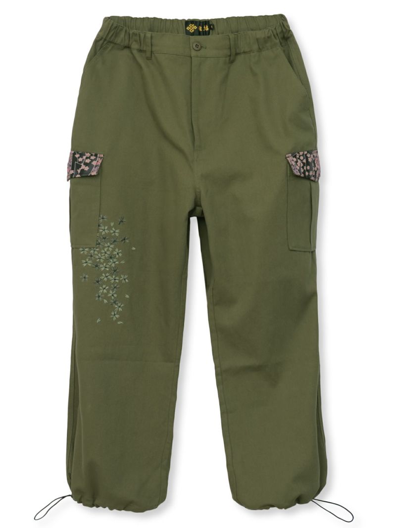 【雅結】桜刺繍ちりめん切替ダックカーゴパンツ