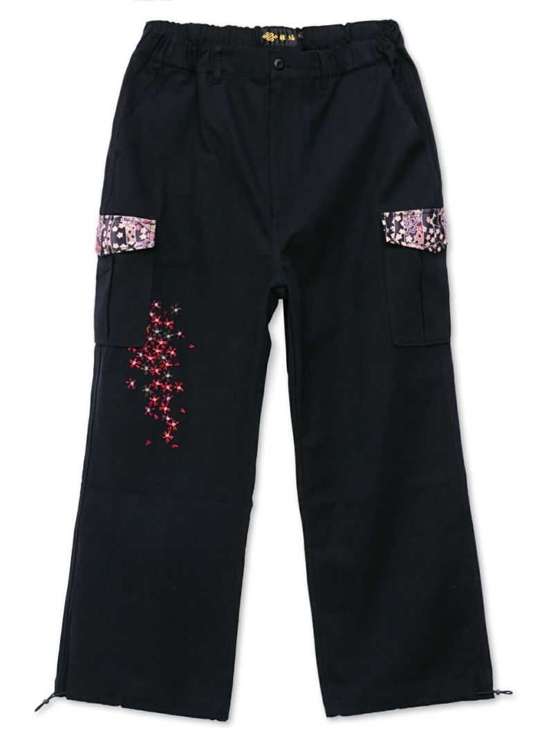【雅結】桜刺繍ちりめん切替ダックカーゴパンツ