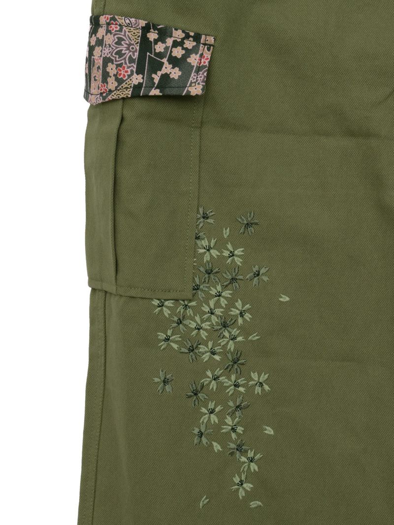 【雅結】桜刺繍ちりめん切替ダックカーゴパンツ