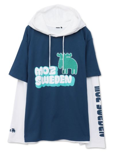 【moz】<br>エルク サガラ刺繍入りレイヤードプルパーカー〔別注〕