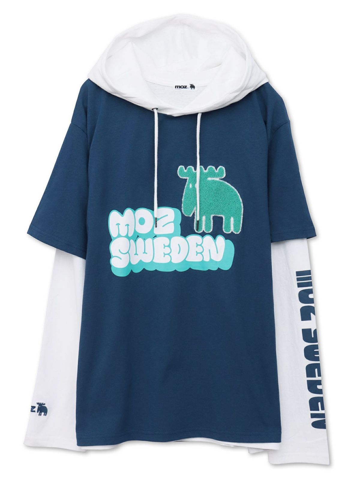  【moz】エルク サガラ刺繍入りレイヤードプルパーカー〔別注〕