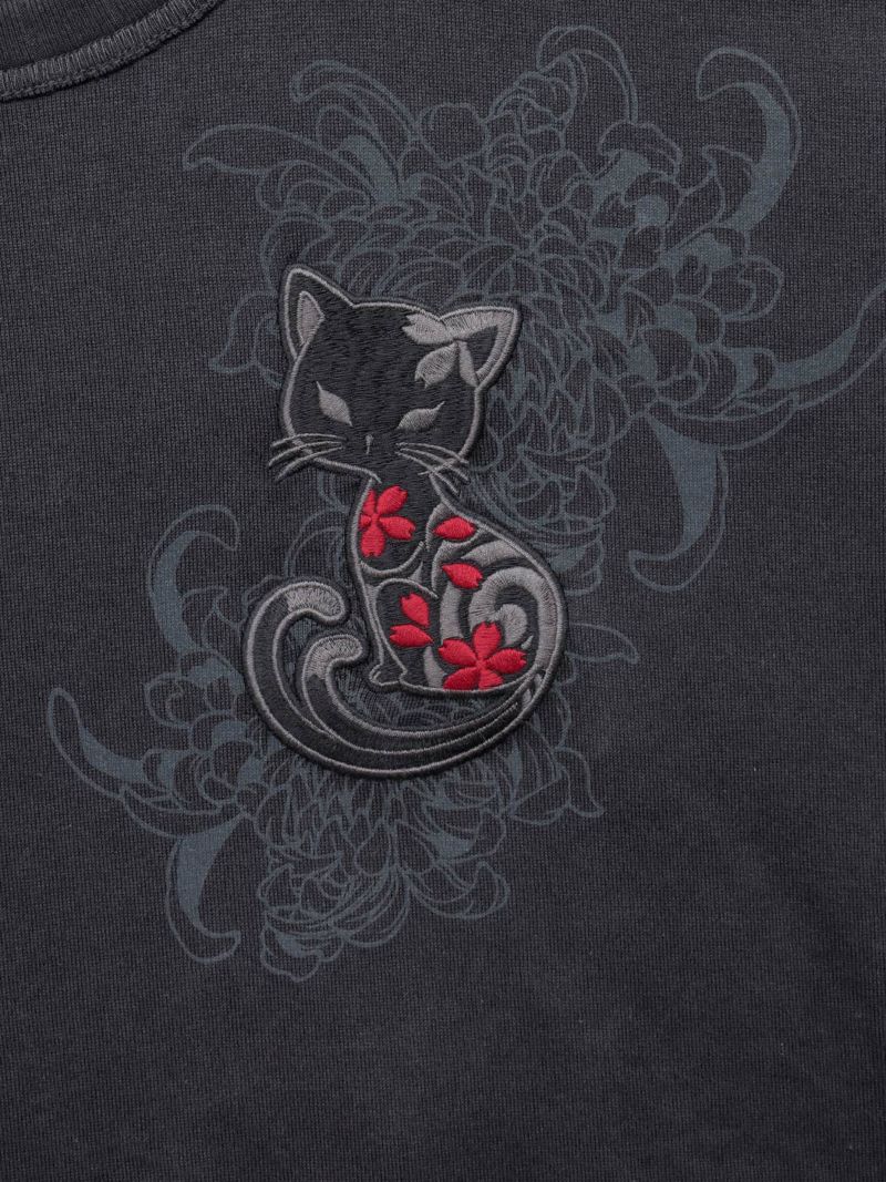【SUMINEKO】“菊と墨猫”刺繍入りロン