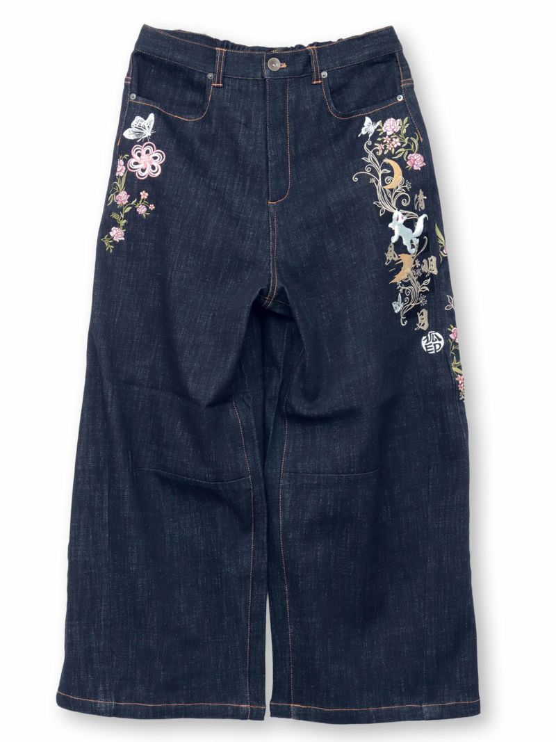 【今昔 -KON-JAKU-】“清明風月”総刺繍ワイドデニムパンツ