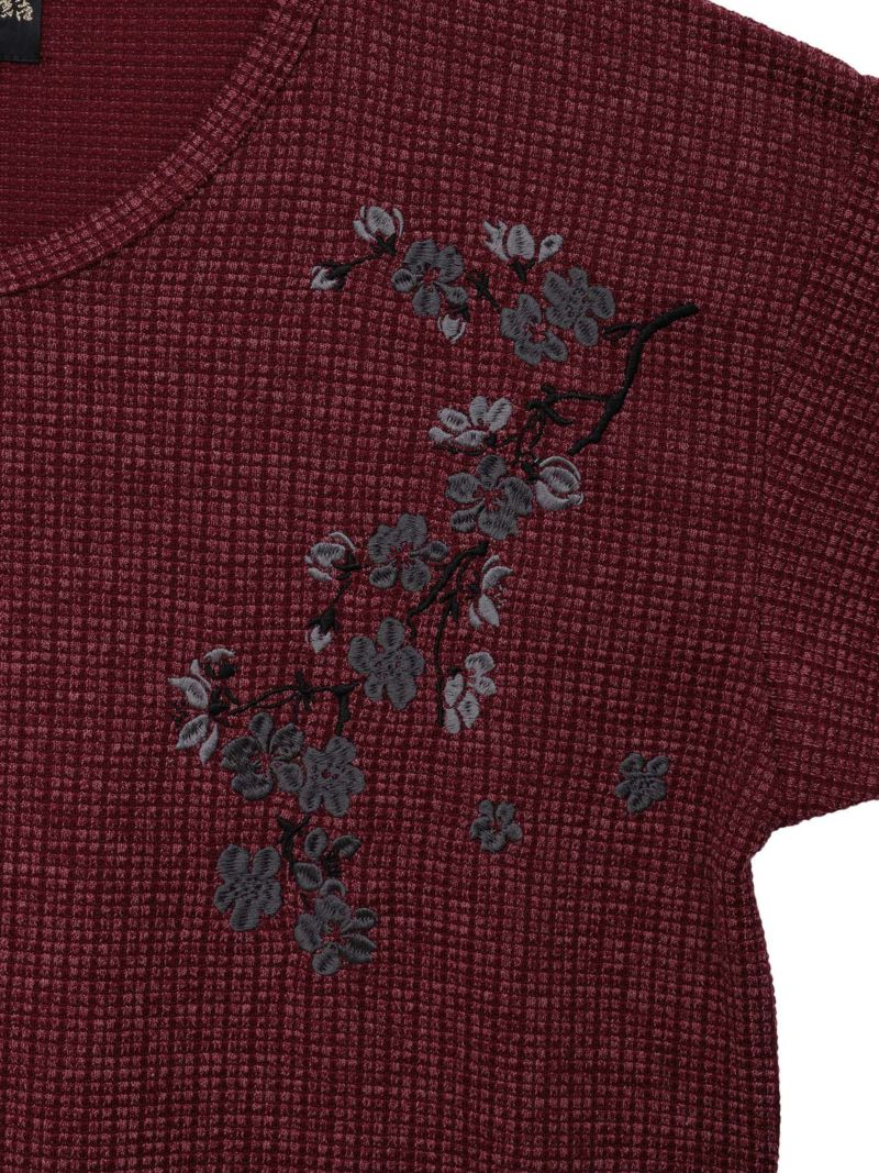 【雅結】桜刺繍 ワッフル生地VネックロンT